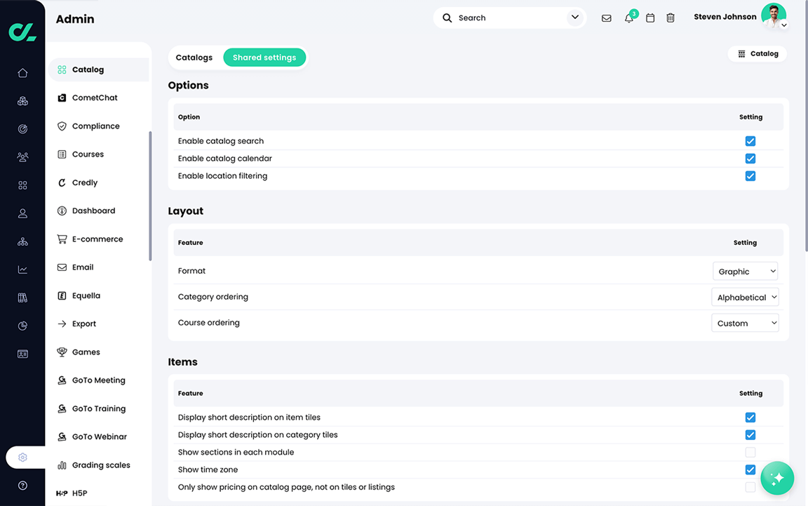 Admin, Catalog, Shared settings tab
