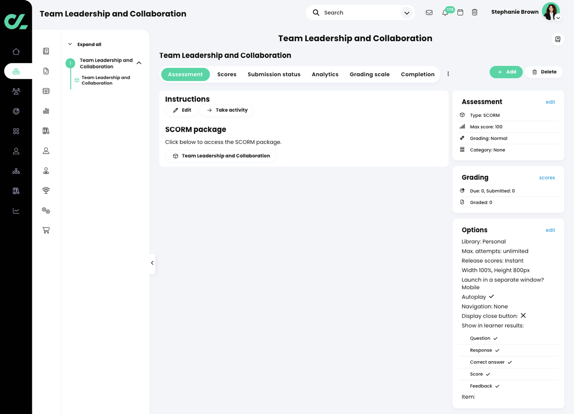 Course, Module, SCORM assessment, Assessment tab from an instructor point of view
