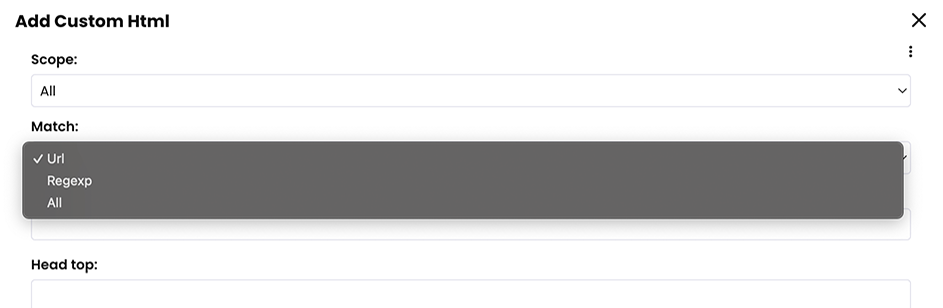 Add Custom Html pop-up with the Match menu active