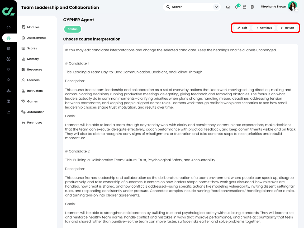 CYPHER Agent Choose course interpretation Markdown file, with the Edit, Continue, and Return buttons highlighted