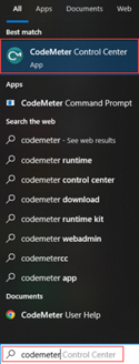 The image displays the CodeMeter Control Center interface with various links and tools for managing CodeMeter software, including downloads, runtime kits, web results, and user help.

AI-generated content may be incorrect.