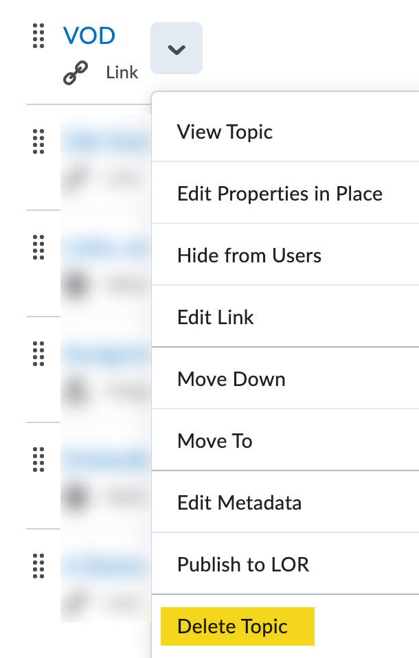 Delete topic option in menu