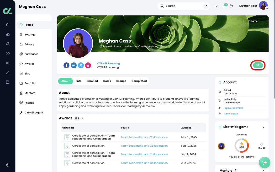 User Profile page with the Edit button highlighted