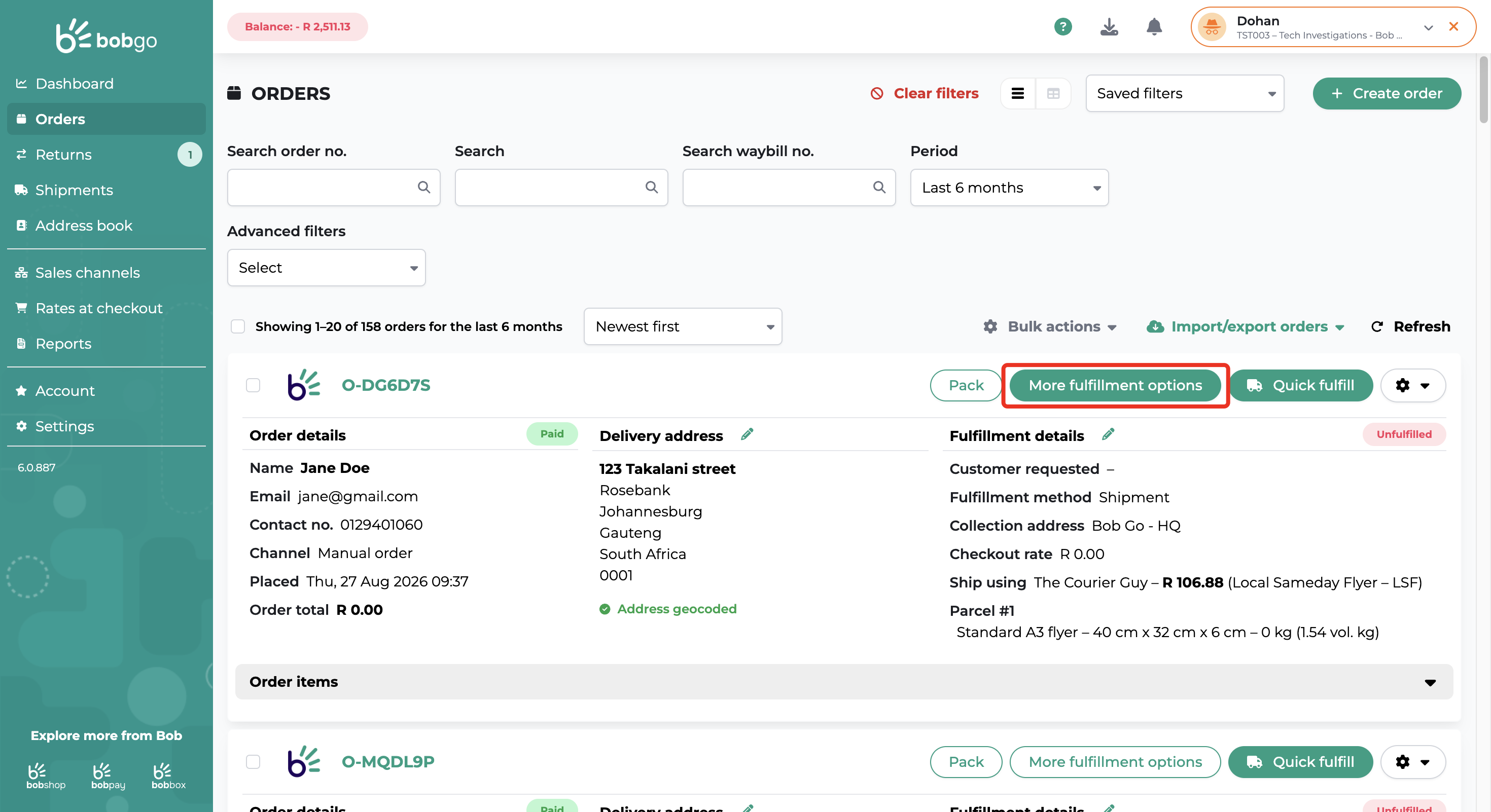 More fulfillment options on an order in Bob Go