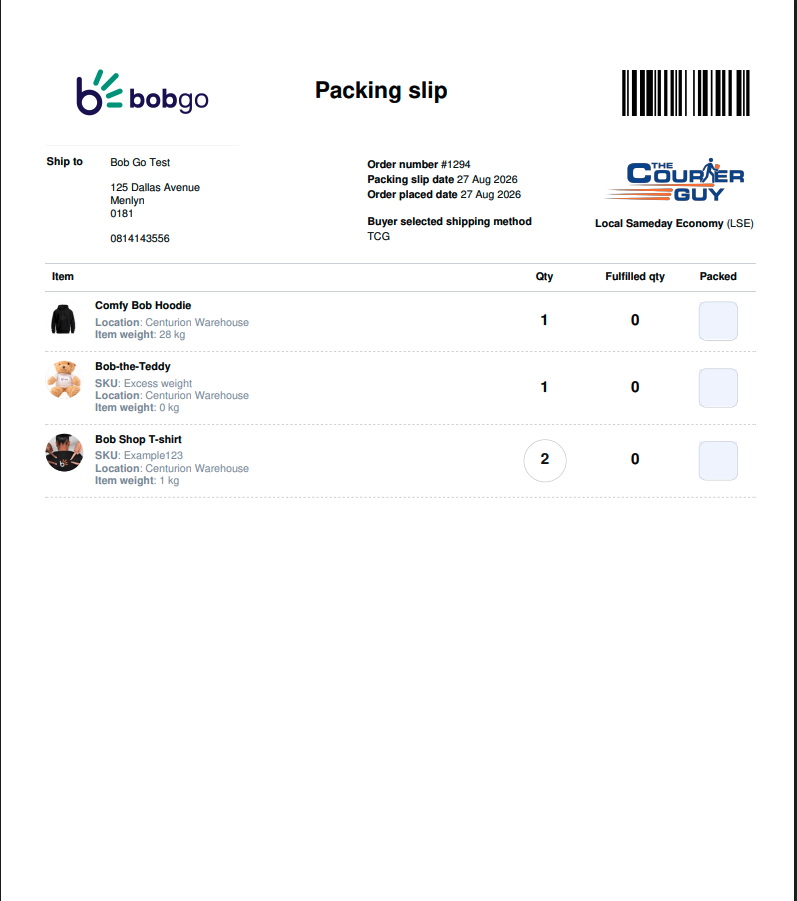 Example of a Bob Go packing slip