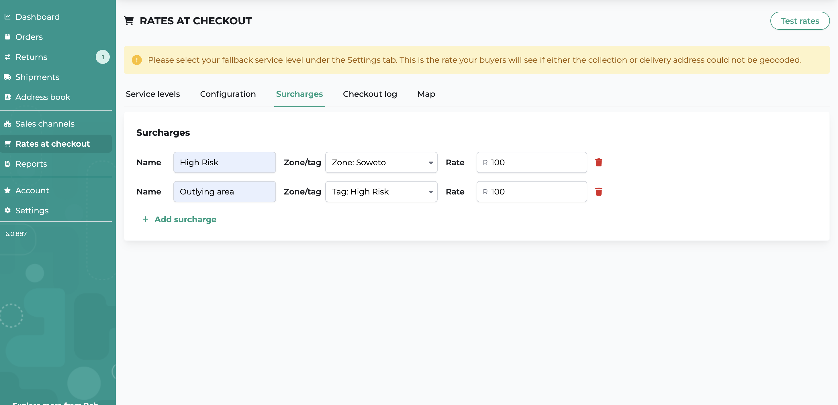 Rates at checkout surcharge configuration