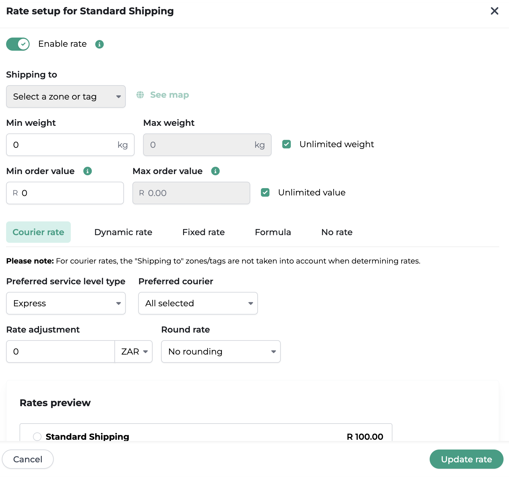 Courier rate configuration in Bob Go