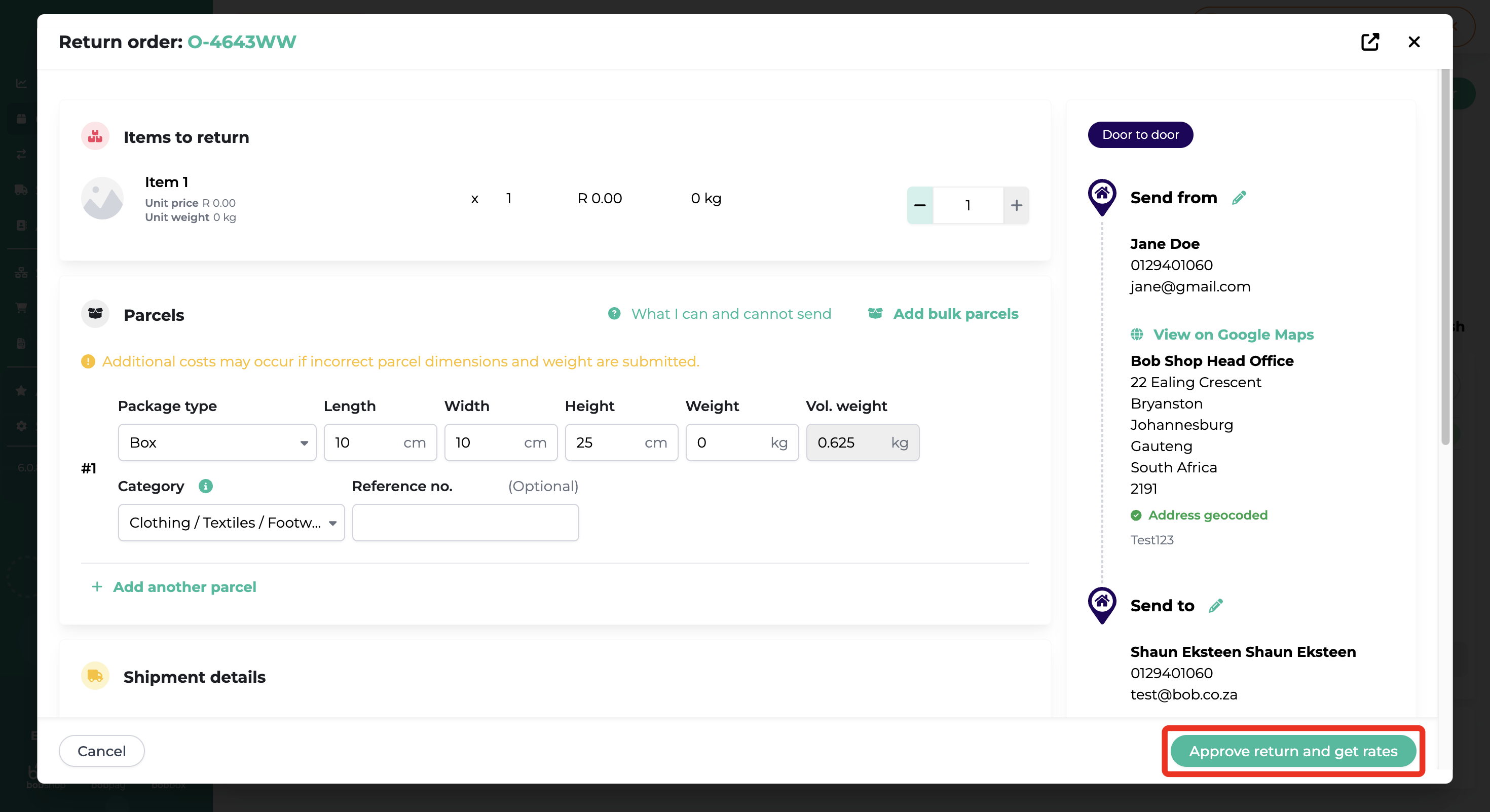 Select a courier rate for a return shipment in Bob Go