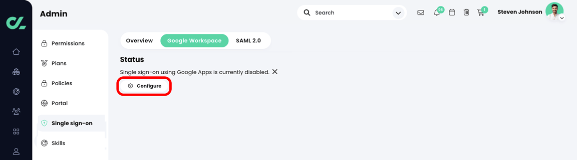 Admin, Single sign-on, Google Workspace tab with the Configure button highlighted