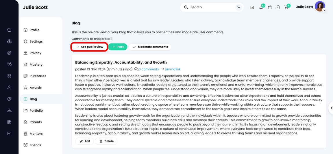 Profile, Blog page showing a published post and the See public view button