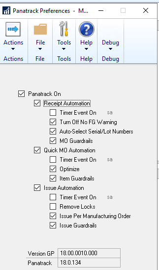 Panatrack Manufacturing version shown in About dialog