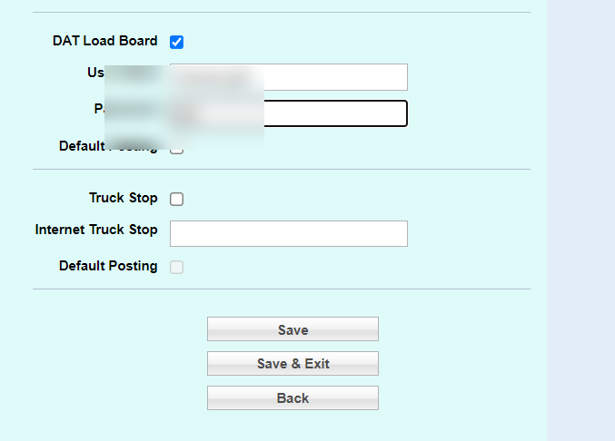 DAT Load Board setup fields with credentials redacted