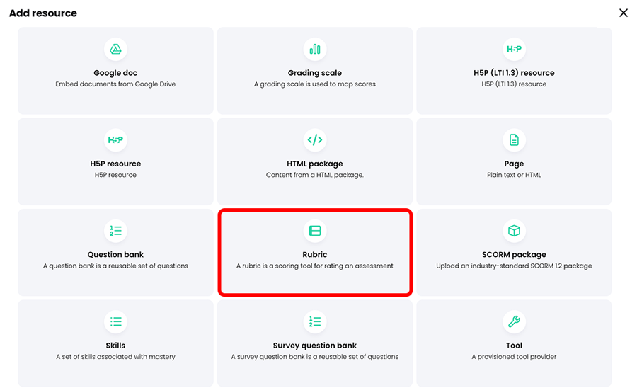 Add resource pop-up with Rubric highlighted