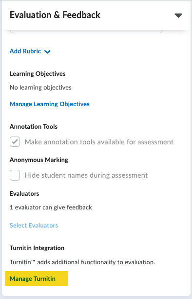 evaluation and feedback section expanded showing manage turnitin link