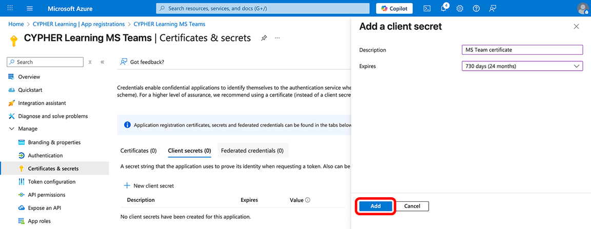 Azure portal, Certificates & secrets, with the Add button highlighted in the Add a client secret side menu