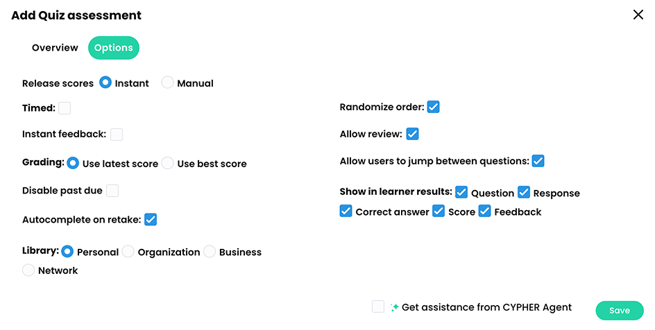 Add Quiz assessment pop-up, Options tab