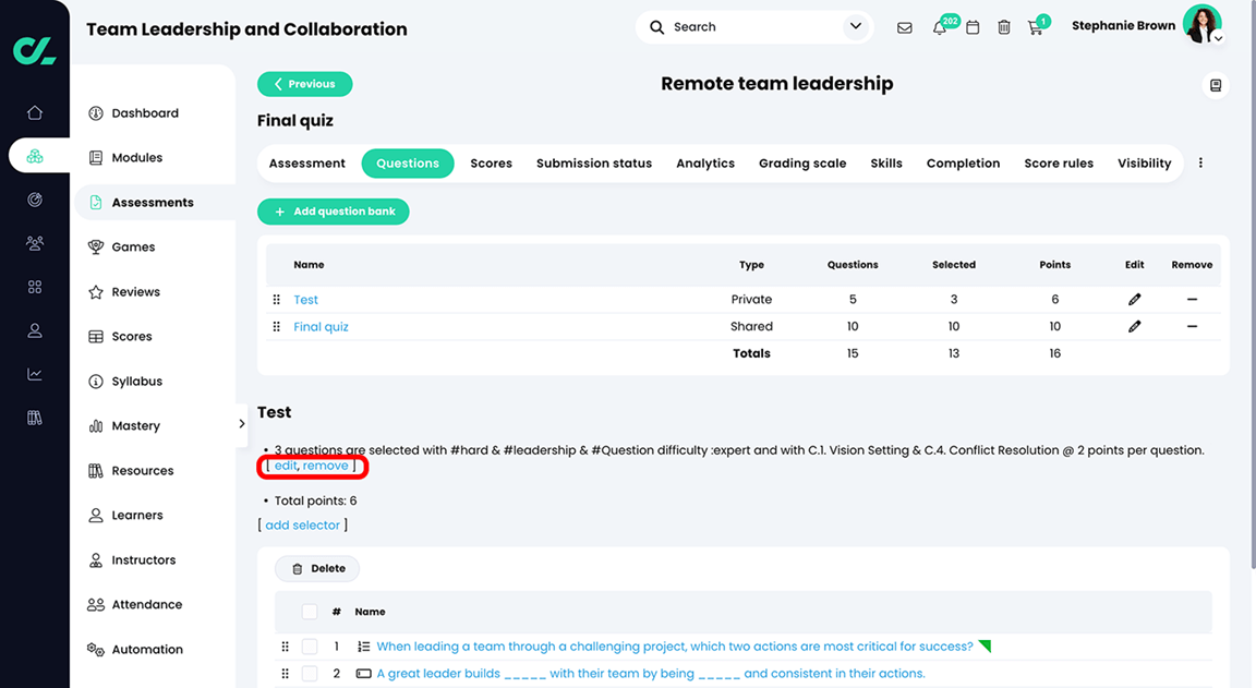 Course, Assessments, Quiz, Questions tab, Question bank section with the edit and remove buttons highlighted