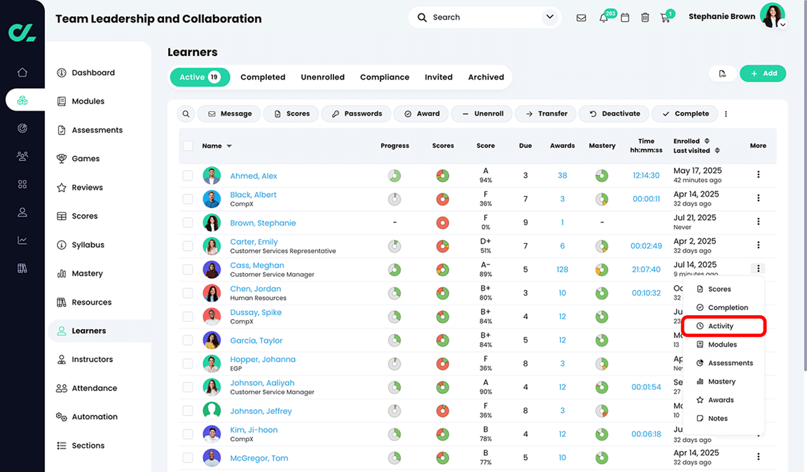 Course, Learners, Active tab with the More menu active for a learner and the Activity button highlighted on the menu