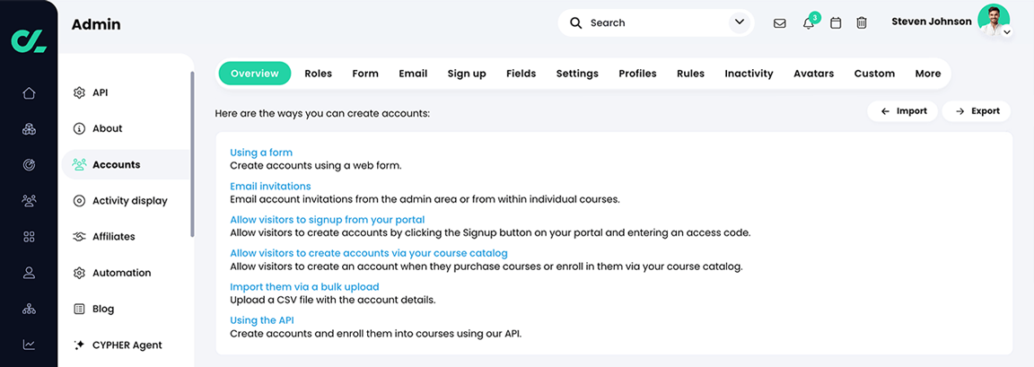 Admin, Accounts, Overview tab