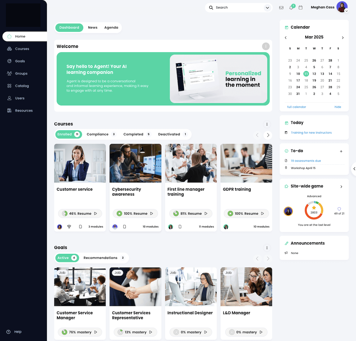 Learner home page dashboard