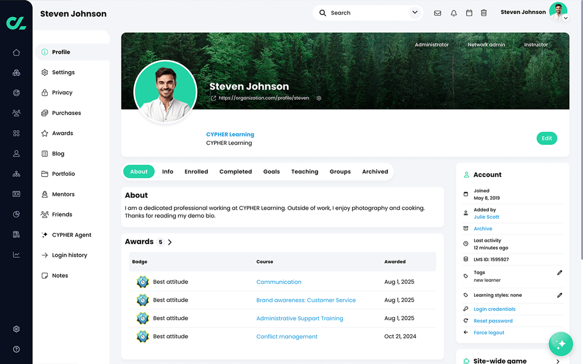 Administrator profile page, About tab