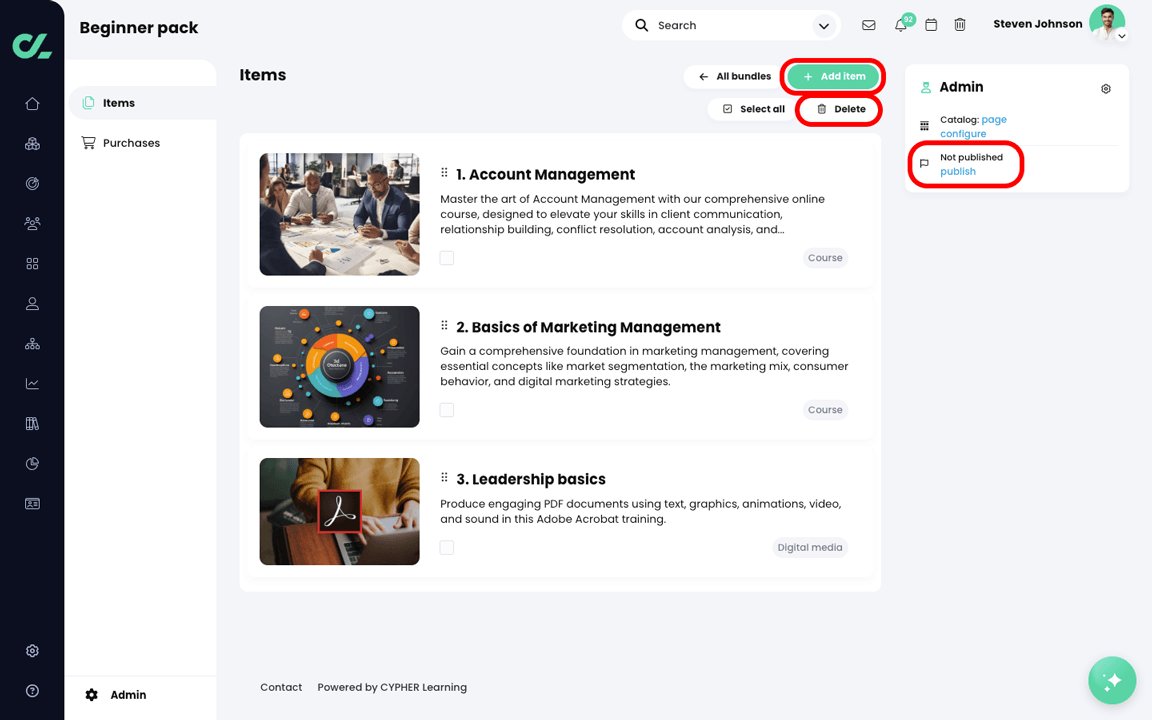 Admin, E-commerce, Bundles page with the Add item, Delete, and publish buttons highlighted
