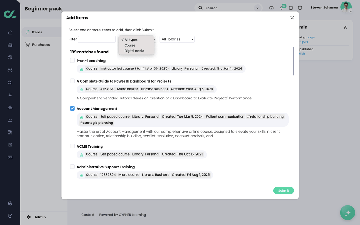 Add items pop up with the Filter Type menu active and a course selected