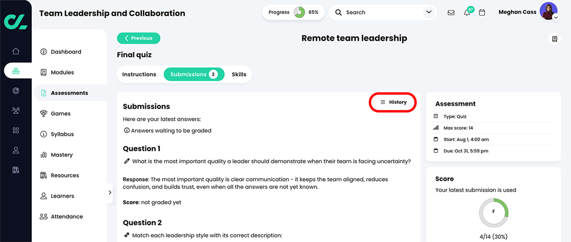Learner perspective of a quiz, Submissions tab with the History button highlighted