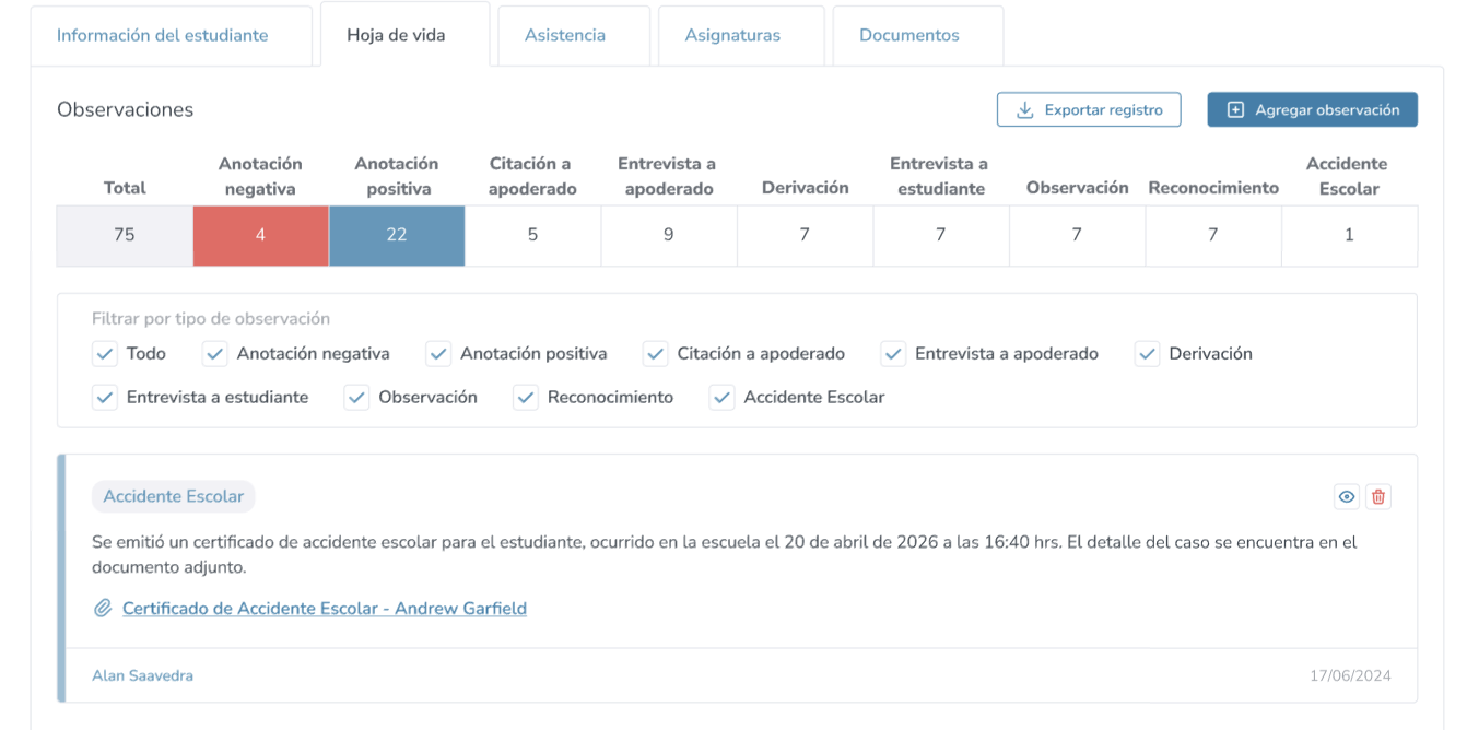 Hoja de vida del estudiante en Kimche con el tipo de observación Accidente Escolar y el certificado en PDF adjunto