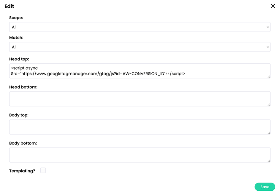 Admin, Portal, Custom HTML, Edit HTML rule pop-up with a Google conversion tag using global site tags added to the Head top field