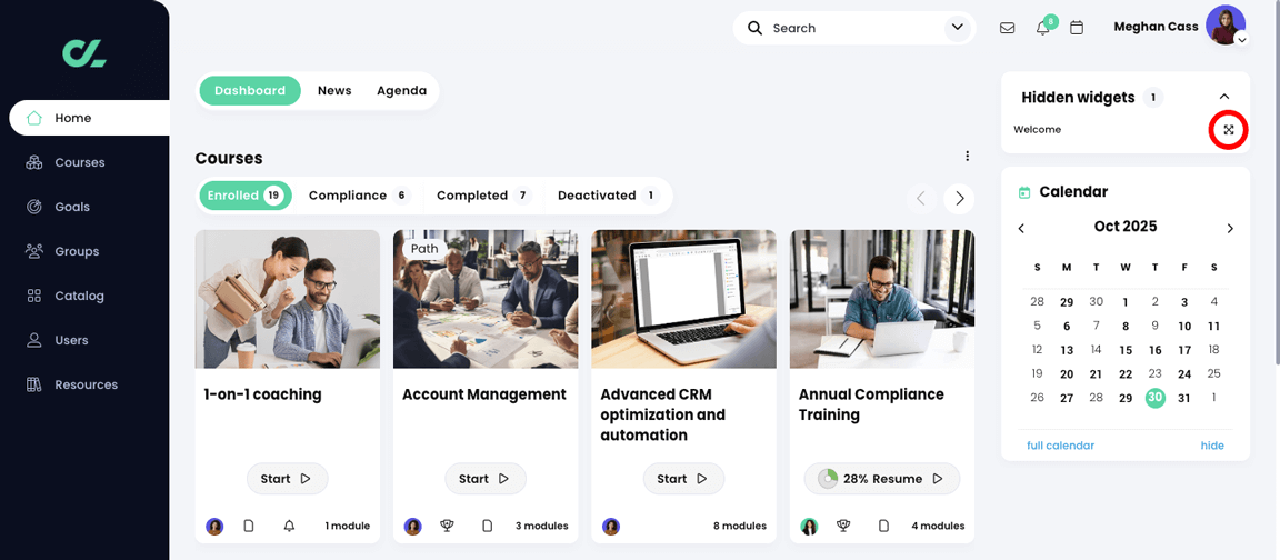 Learner home page dashboard, with the Expand icon highlighted in the Hidden widgets widget in the right panel