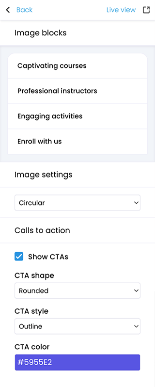 Portal visual editor, Image block 1 options with an example Call to Action button  