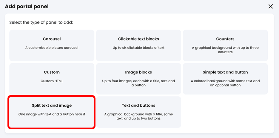 Add portal panel pop-up with the Split text and image button highlighted