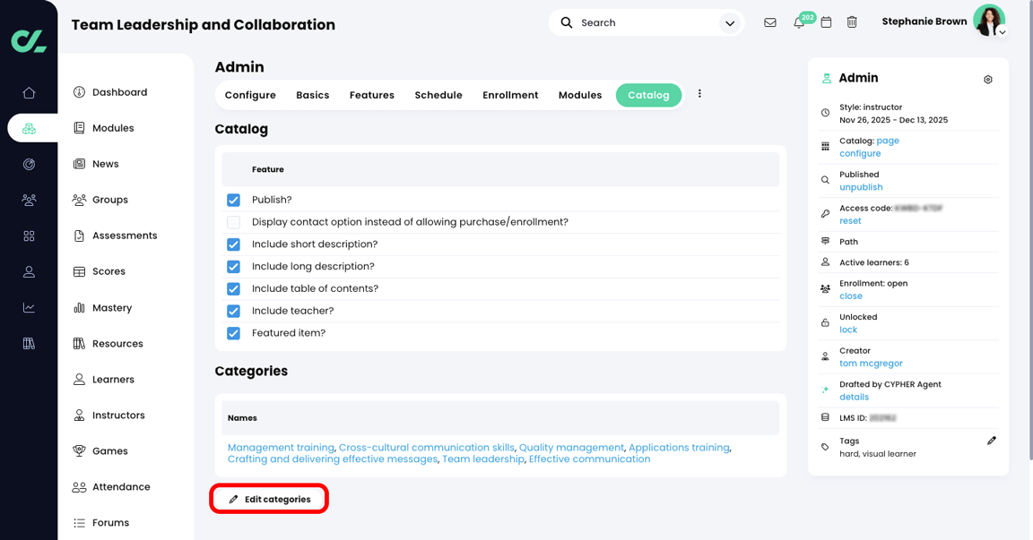 Course, Admin, Catalog tab with the Edit categories button highlighted in the Categories section