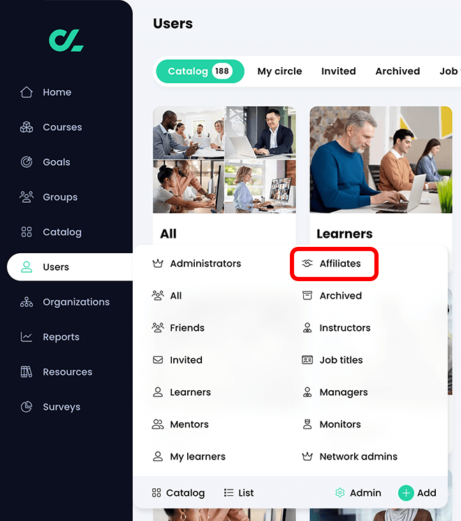 Users primary navigation menu active with Affiliates highlighted