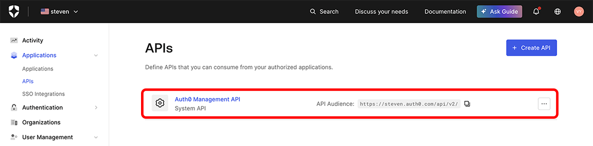 Auth0, Applications, APIs with the Auth0 Management API button highlighted