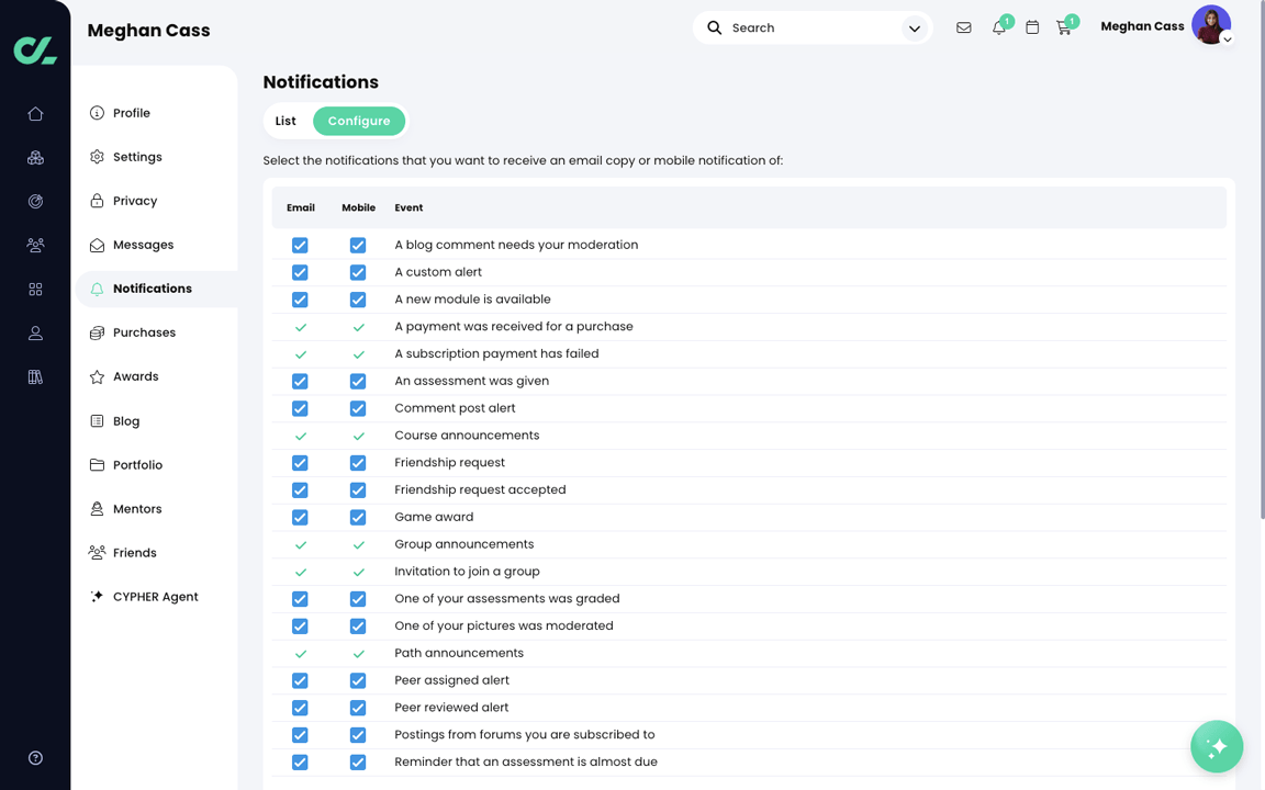 Profile, Notifications, Configure tab showing Email and Mobile checkboxes highlighted