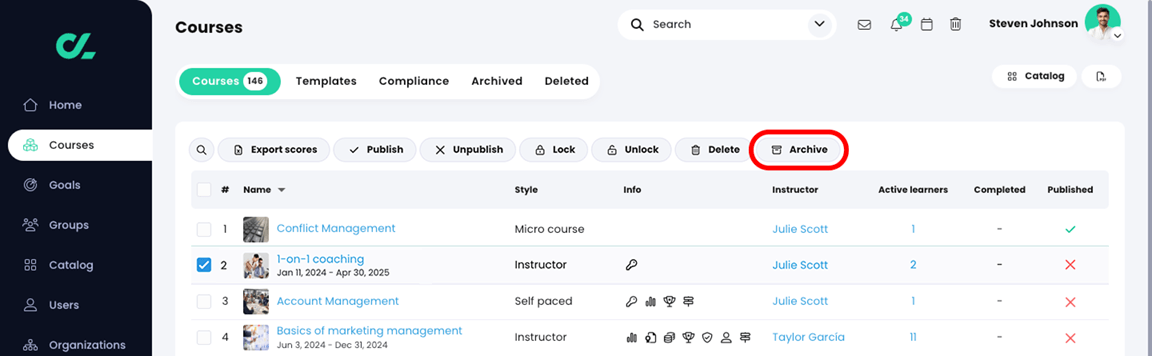 Courses, Courses list with a course selected and the Archive button highlighted