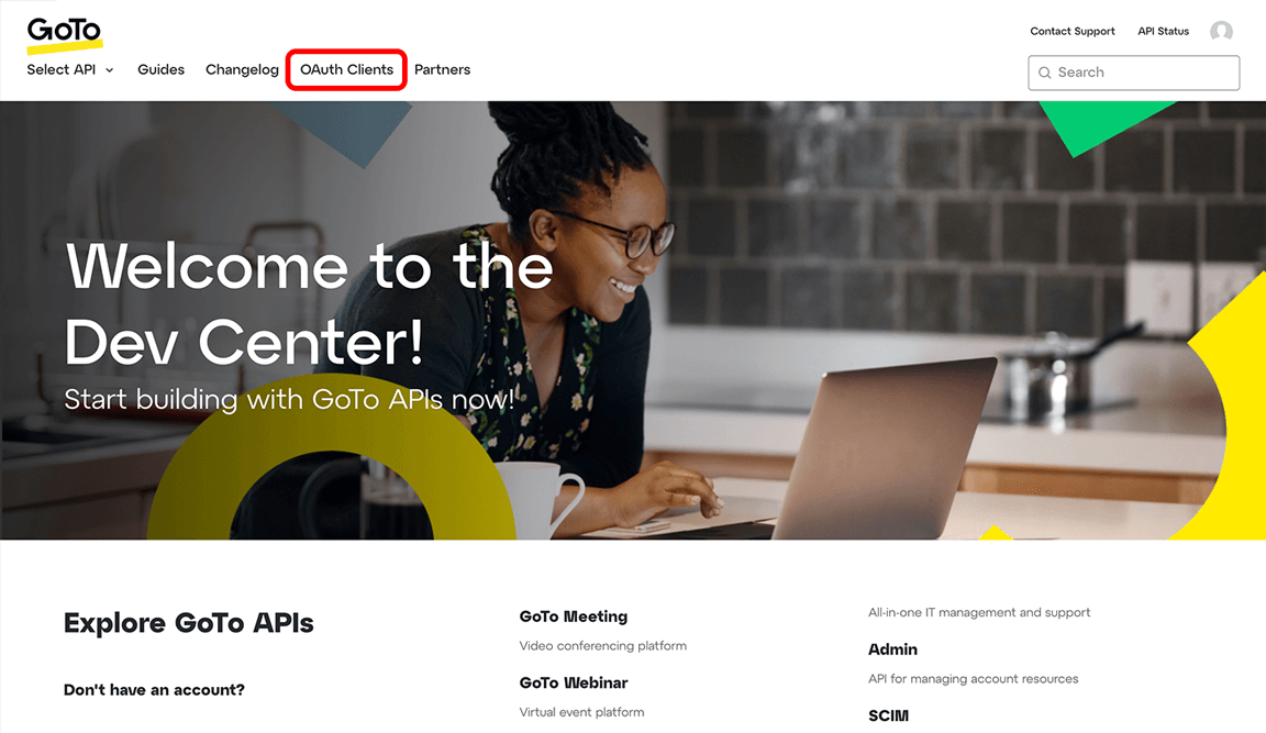 GoTo developer site with the OAuth Clients button highlighted