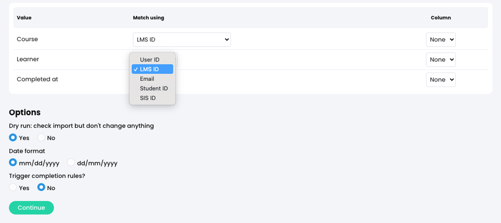 Admin, Import, Completions tab with the Learner 'Match using' menu active