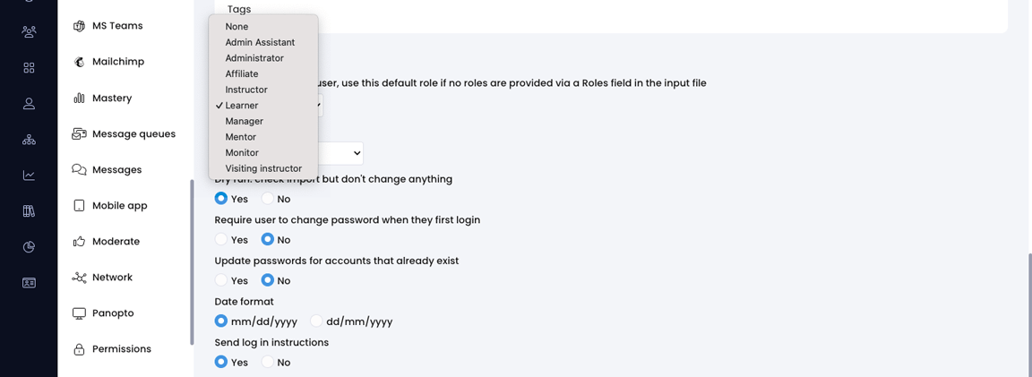 Admin, Import, Accounts tab, default role menu active