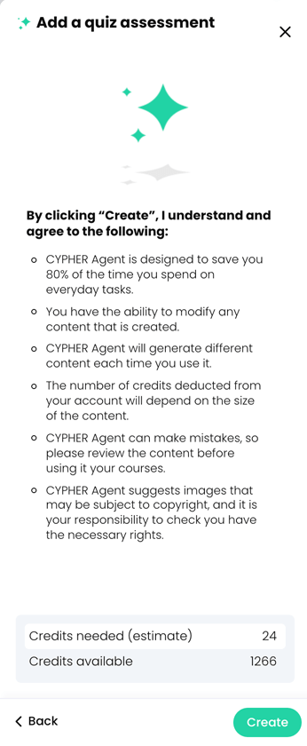 CYPHER Agent menu, Add a quiz assessment disclaimer