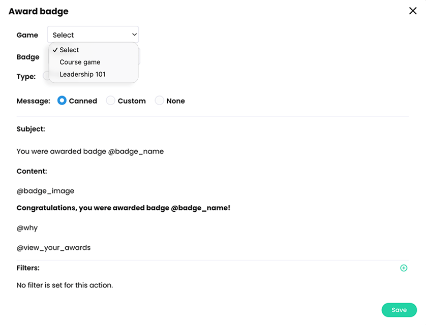 Award badge pop-up with the Game menu active