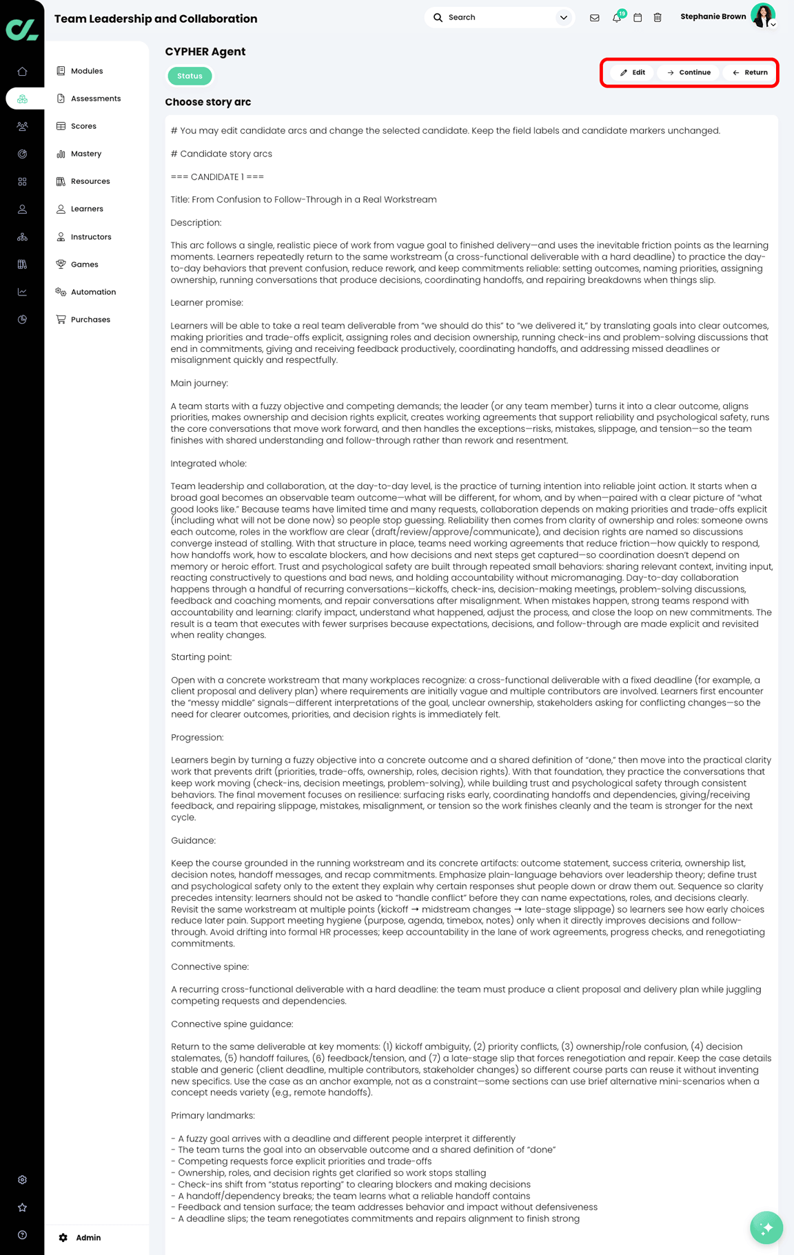 CYPHER Agent Choose story arc Markdown file, with the Edit, Continue, and Return buttons highlighted