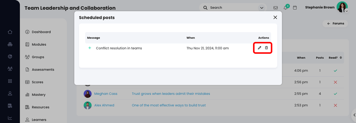 Les publications programmées s'affichent avec les icônes Modifier et Supprimer mises en évidence.