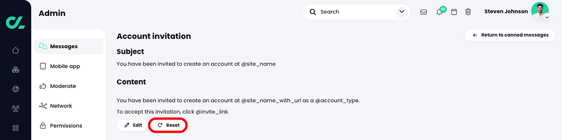 Admin, Messages, Account invitation message page with the Reset  button highlighted