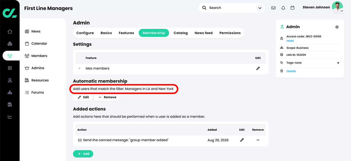 Group, Admin, Membership tab with the filter name highlighted in the Automatic membership section