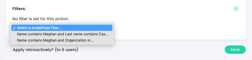 Fereastra pop-up pentru insignele de premiere care afișează meniul derulant cu filtrele predefinite