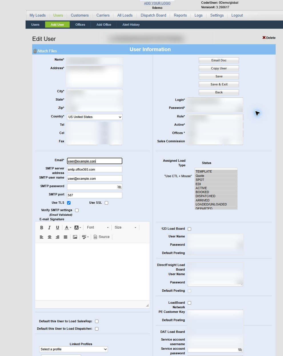 0Demo user profile showing Microsoft email setup fields with profile and credential data blurred