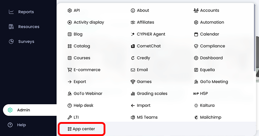 Home dashboard with the Admin menu active and the App center highlighted